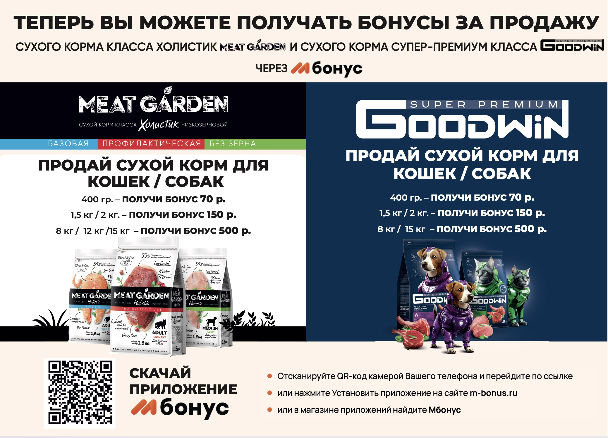 Бонусы за продажу сухого корма Meat Garden и Goodwin через Мбонус