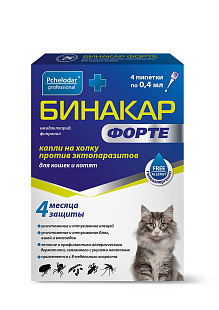 ПЧЕЛОДАР Бинакар форте для кошек и котят на 3-4кг  (4 пипетки по 0,4 мл)