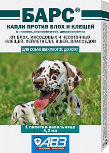 БАРС капли инсектоакарицидные для собак от 20 до 30 кг (1 пип по 4.2мл)  СНЯТ С ПРОИЗВОДСТВА